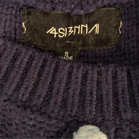 Women's Small Cable Knit Blue Pom Contrast Pullover Oversized Joyful Times - Picture 3 of 7